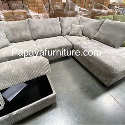 New! Plush Gray Sectional, Sectional And Storage Ottoman, Sectionals, Sofa, Couch, Gray Couch, green Couch, Corduroy Sectional, USB Charger Sofa Dimen
