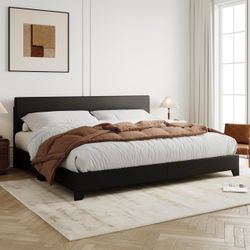 Allewie King Size Faux Leather Bed Frame, Adjustable Headboard, Black