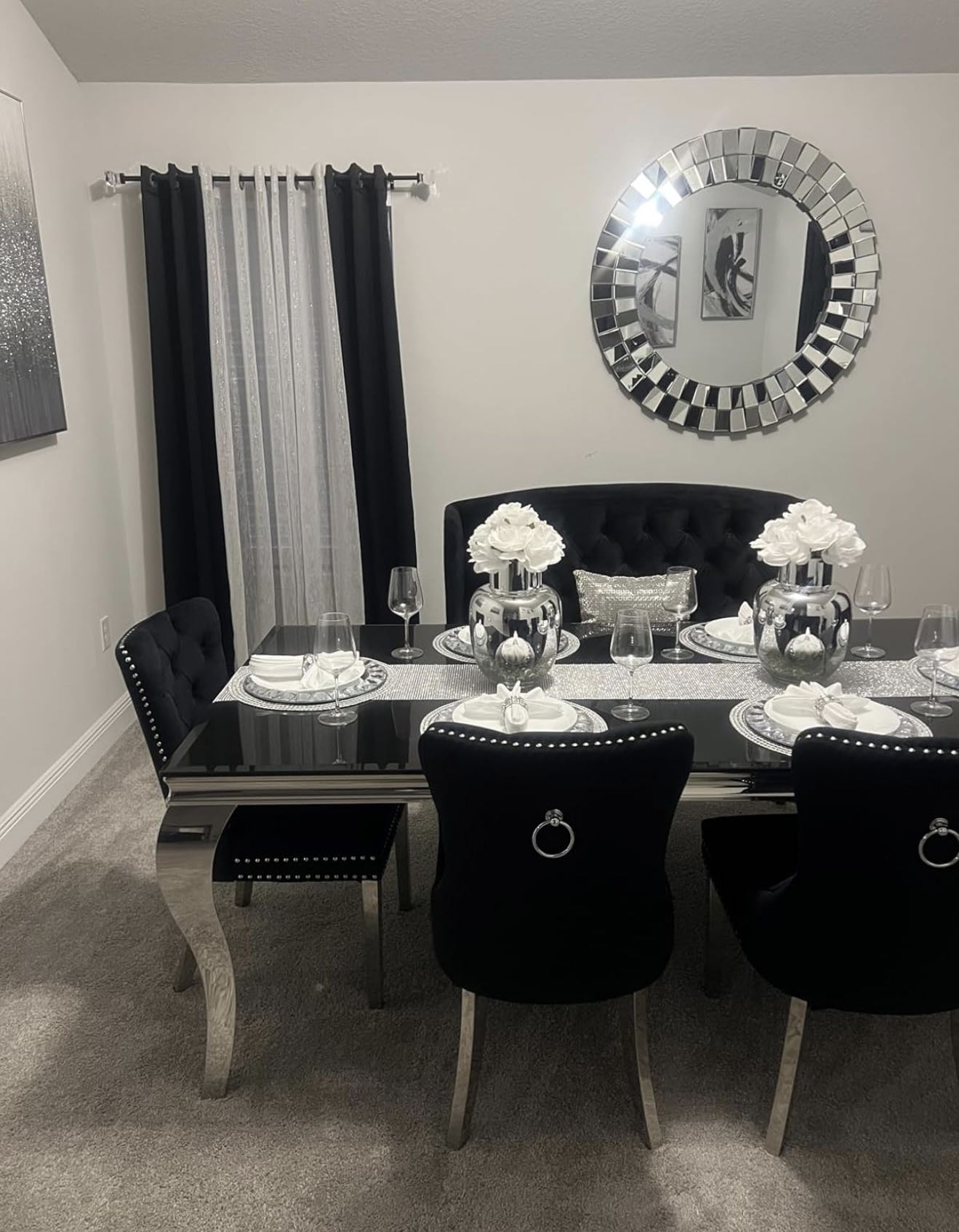 BLACK GLASS DINING TABLE W/ Chrome Accents
