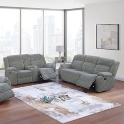 🪅 Sofá and Loveseat, Manual Mechanism Reclining, Smoke Gray Corduroy, Cup Holders, New 