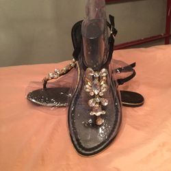*SUMMER TIME IS HERE❗️🌞$20 Slingback T-Strap BLACK💎Rhinestone Thong Sandals  SIZE: 9 M shoes  #livebutterfliessaleandbuy #shoes #sandals #rhinestone