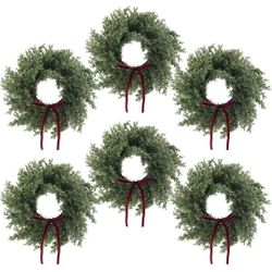 Set Of 6, 12 Inches Pine Wreath with Red Bow Cedar Wreaths Realistic Christmas Decorations for Holiday Xmas Wall, Window