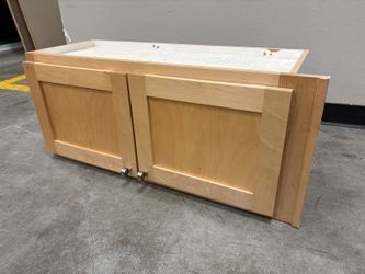 Shaker Style 15×35 Over the Range Cabinet with Country Maple Finish and Silver Pulls