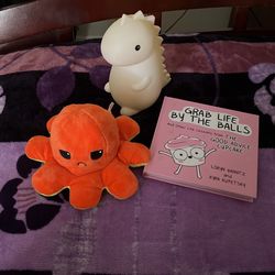 Toy Bundle - Dinosaur Night Light, Reversible Octopus, Good Advice Cupcake Book