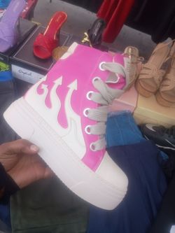 Pink and White Flame High-Top Platform Sneakers
