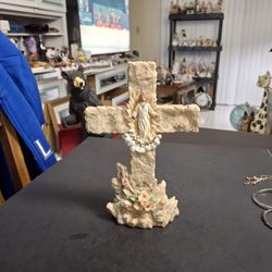 Religious Crucifix Figurine Depicting The Resurrection Or Risen Christ, Stone Textured Resin Adorned With Roses 9" X 6"