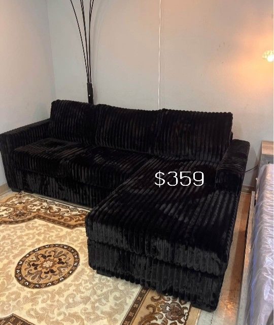 Black 2-pc Sectional Sofa Black Fur-like Jumbo Corduroy Brand New