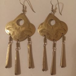 VTG Handmade 3" Aluminum Dangle Earrings with Floral Design
