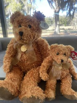 Ty Retired Classic Beanbag Plush Teddy Bears 2002 Brown with Gold Ribbon