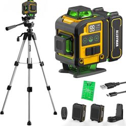 Laser Level with Tripod,Alloyman 4x360° Self Leveling Laser Level,Green Line Laser 4D Laser Leveler Tool with 2Pcs Lithium Batteries for Picture Hangi