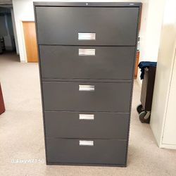 Hon Dark Grey Metal 4 Drawers And Top Drawer  Is Open Up And Down. Height 66 Inch. Depth 19 Inch. Width 36 Inch
