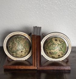 Vintage MCM Spinning Globe Book Ends Wooden Old World