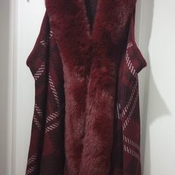 Burgundy Plaid Fur Trimmed Vest Fringe Bottom(One Size Fits All)