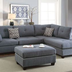Brand New Blue Grey 3pc Reversible Sectional Sofa With Ottoman 