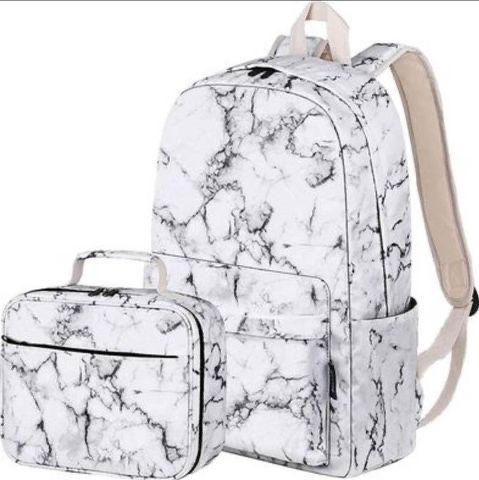 BRAND NEW Water Resistant School Backpack for Teens with Lunch Bag (Marble White)