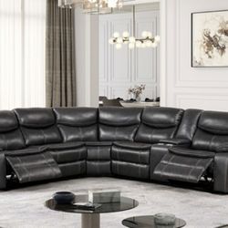 Brand New Grey Leather Super Plush Reclining Sectional Sofa 