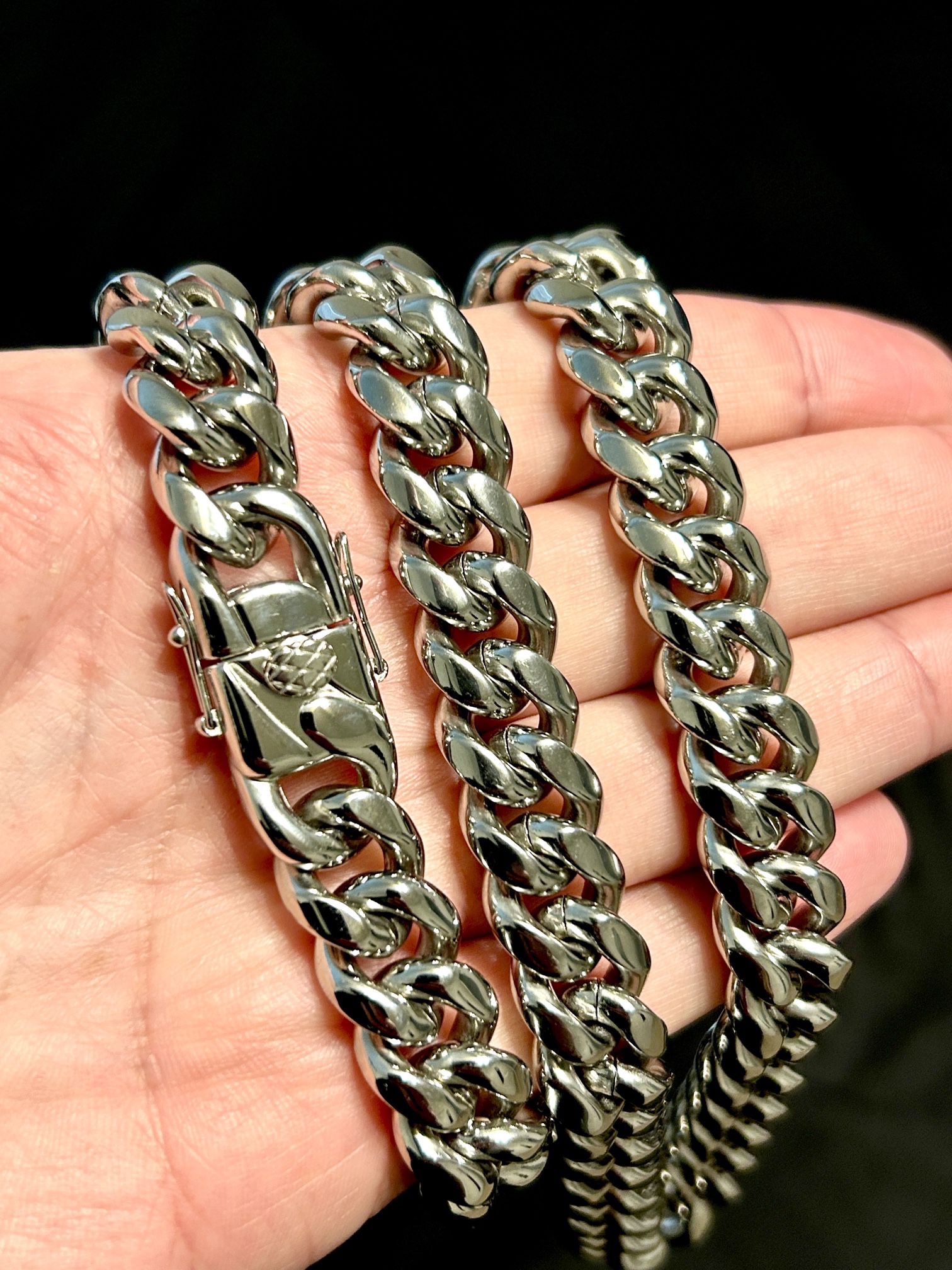 18K White Gold Polished SS Cuban Link Chain