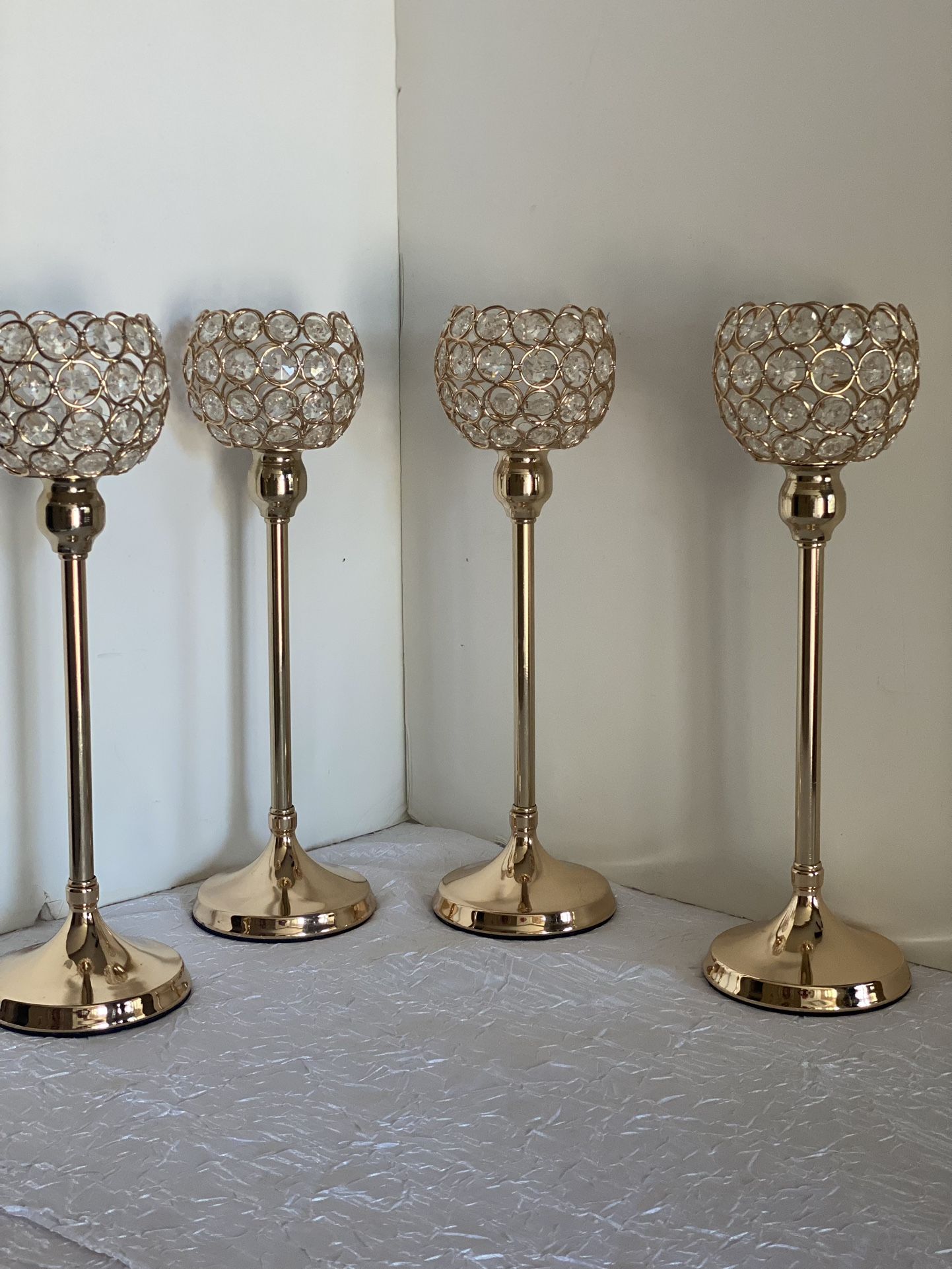 Set Of 4 Gold Candle Holders 14” H