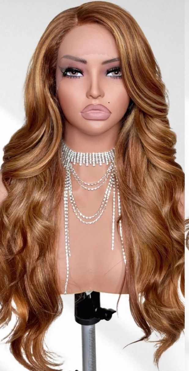 24 inch L part long, Reddish Brown blonde Highlights body wave lace front wig