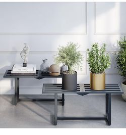 Plant Stand Indoor Outdoor, Foldable Metal Plant Shelf for Multiple Pots, Mid Century Slatted Bench for Patio Garden, Heavy Duty Capacity 330 lbs 2 Pa
