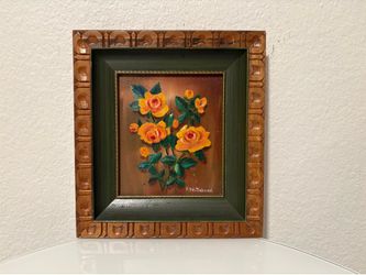 Small Original Art Orange Roses Wood Carved Frame