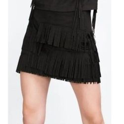 Zara Black Suede Fringe Tassel Cowgirl Skirt Bloggers Favorite 
