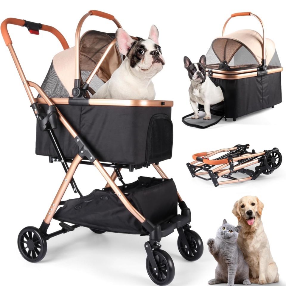 Lovouse 3-in-1 Dog Stroller with Removable Carrierr for Small to Medium Dogs,One-Click Folding Lightweight Pet Stroller for 2 Cat, No Zip Entry, Pump-