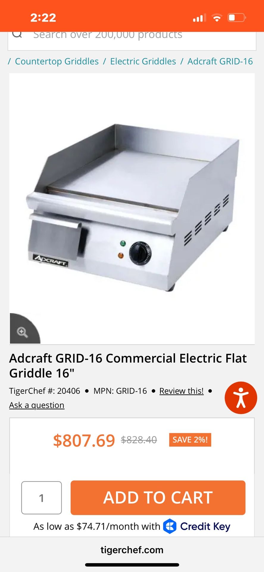 16 In Adcraft Griddle