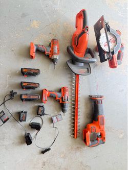 Black + Decker 20v drill, hex driver, trimmer, circular & reciprocating saws