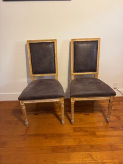 Pair of French Country Upholstered Dining Chairs – Taupe Faux Leather look