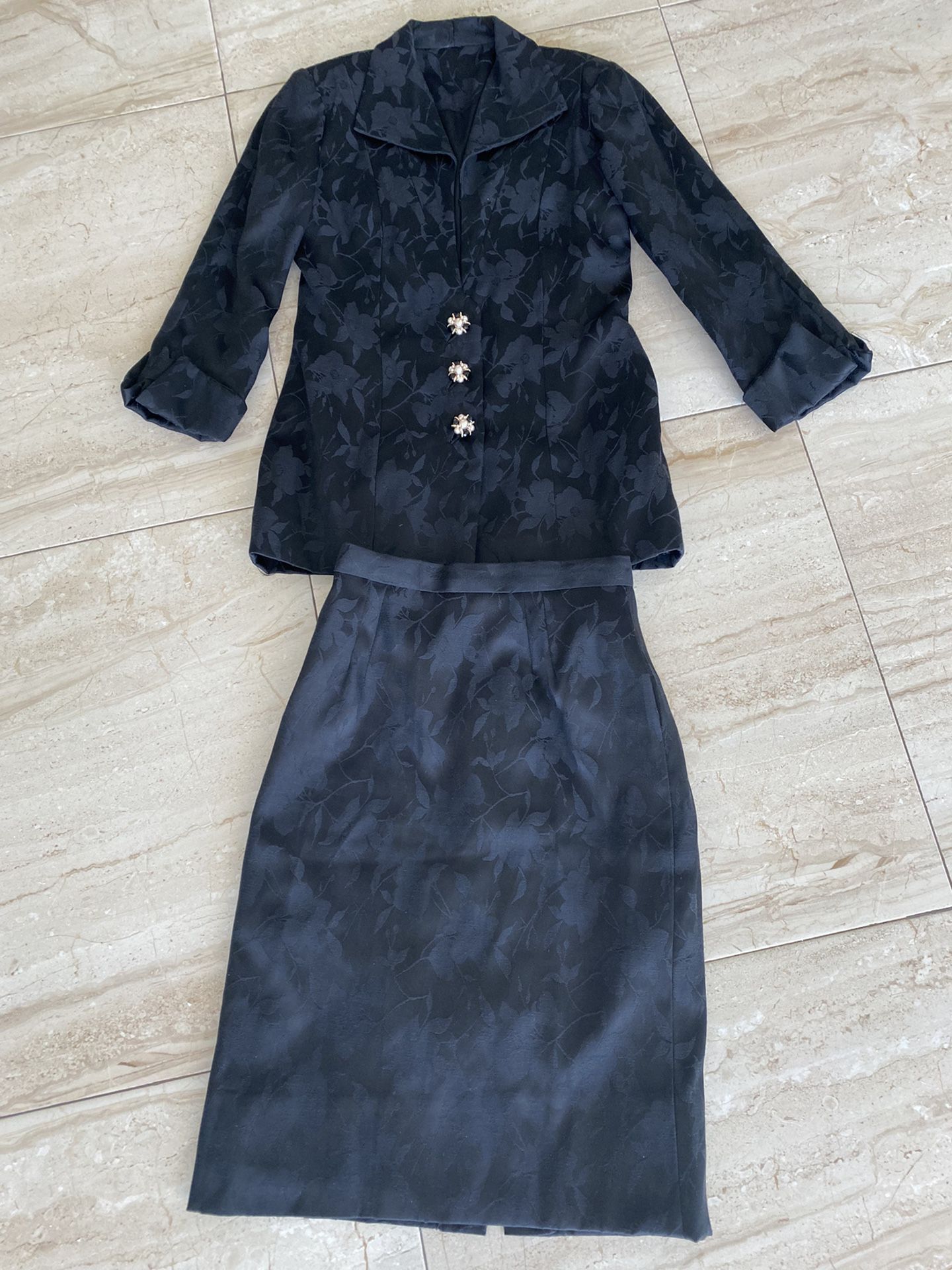 Silk Black Flower Pattern Skirt And Jacket Dressy Suit