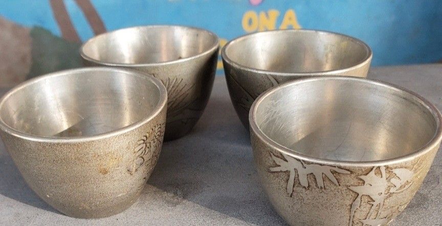 4 Vintage Pewter Tea Cups 