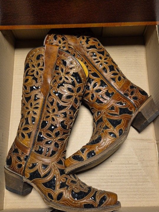CORRAL HANDCRAFTED BOOTS T0133 LADIES 4.5 YOUTH 3 TAN/BLK Embroidered & Studs