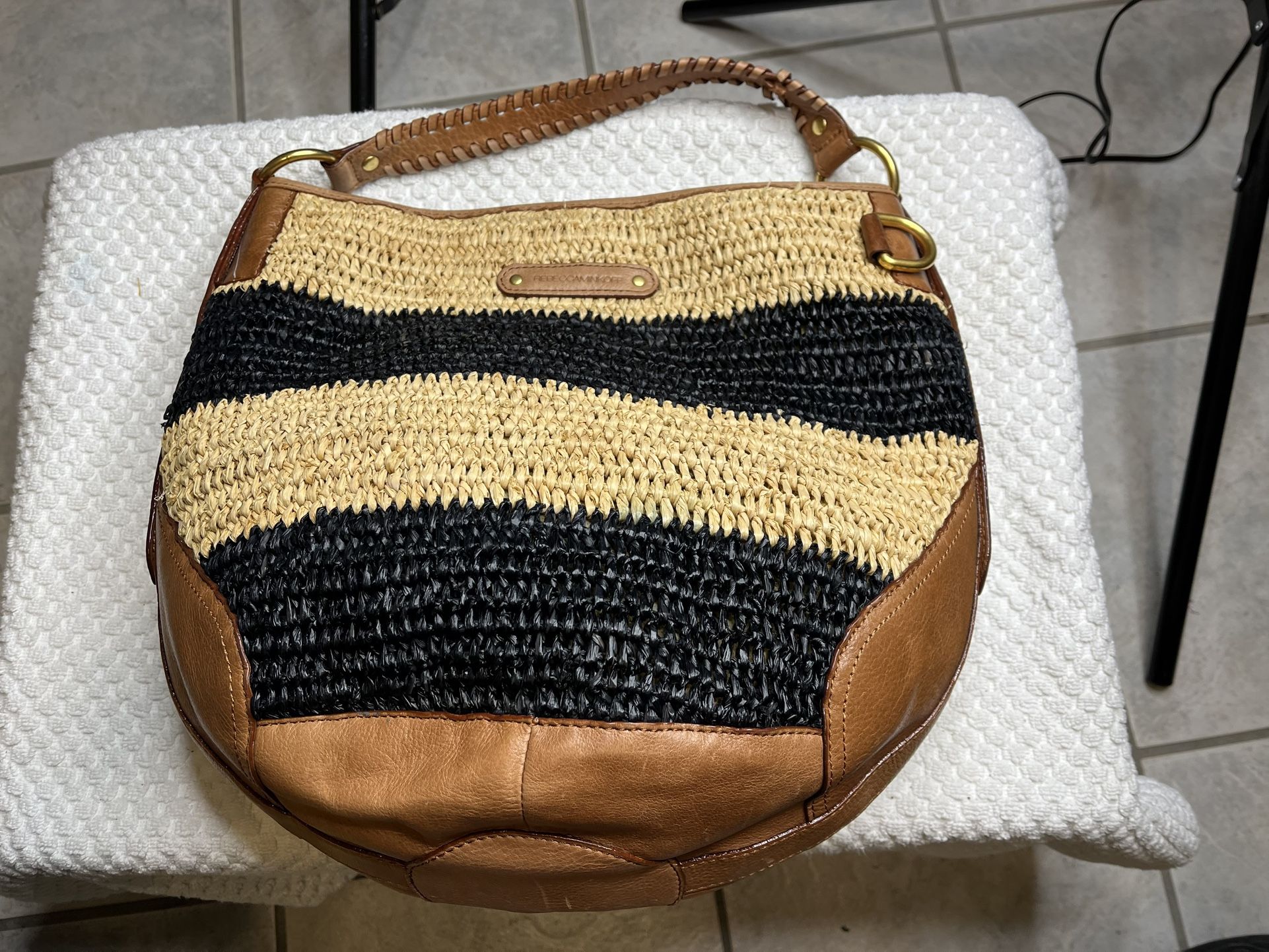 Rebecca Minkoff Leather And Straw Woven Bucket Handbag