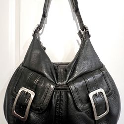 🌸COLE HAAN Y2K Large Black Leather Hobo Shoulder Bag Silver Buckle Flap Pockets Purse