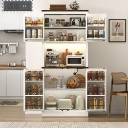 72" Tall Farmhouse Kitchen Pantry Cabinet, White + Black 