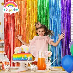 LOLStar Rainbow Foil Fringe Curtains, 2 Pack Rainbow Party Decorations 3.3x6.6ft