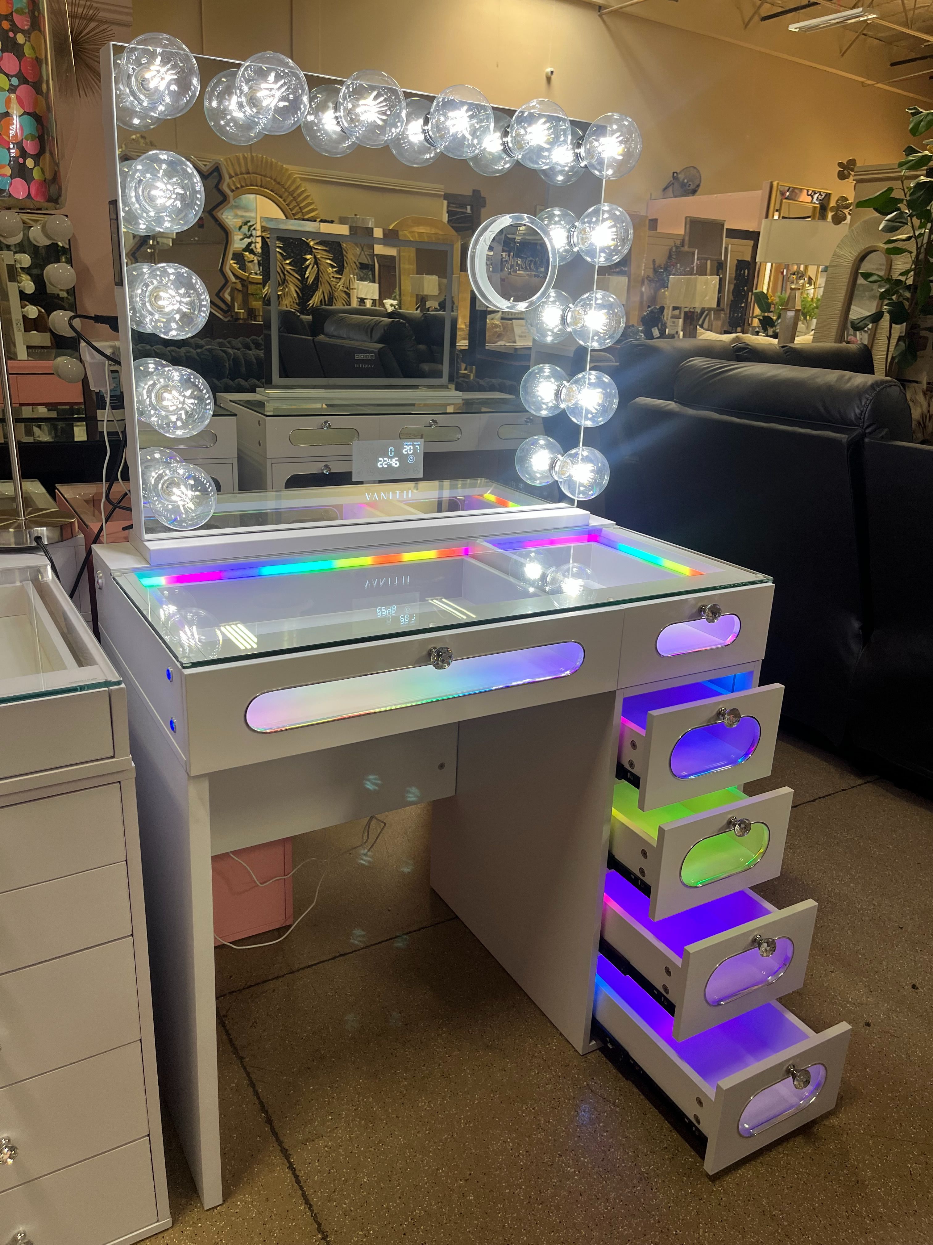Vanity Desk and Vanity Mirror W/ Built-in Bluetooth speakers. Available in 3 colors; White, Black and Pink.