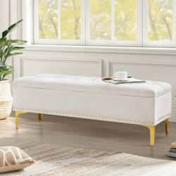 Beige Chenille Modern Storage Bench with Wood Frame and Gold Metal Leg End of Bed Storage Ottoman