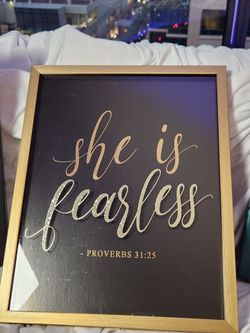 16x20 She is Fearless PROVERBS 31:25 Brushed Gold  Wooden Frame Wall Art Black background, two tone metallic gold lettering