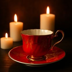 H.M. Sutherland England 1950s Red & Gold Leaf Teacup & Saucer