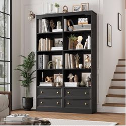 71" Black Bookshelf with 4 Drawers, 6-Tier Double Wide Bookshelves and Bookcases with Storage, Tall Bookshelf Large Open Bookshelves Standi