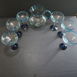 Mexican Hand Blown Glass Margarita Set Pitcher and 6 Glasses 