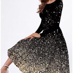 Women Casual Dress Swing Dress Gold Midi Dress Long sleeve