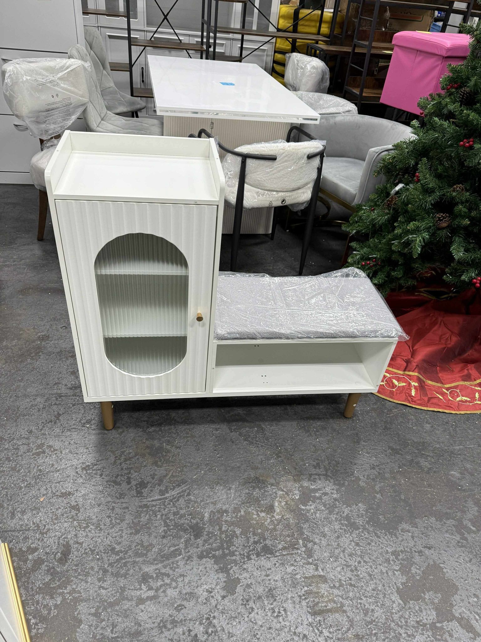 Storage Bench with Glass Door&Shelf, Modern Entryway Shoe Cabinet Bench with Padded Seat, L-Shaped Storage Cabinet for Hallway, Bedroom, Living Room, 