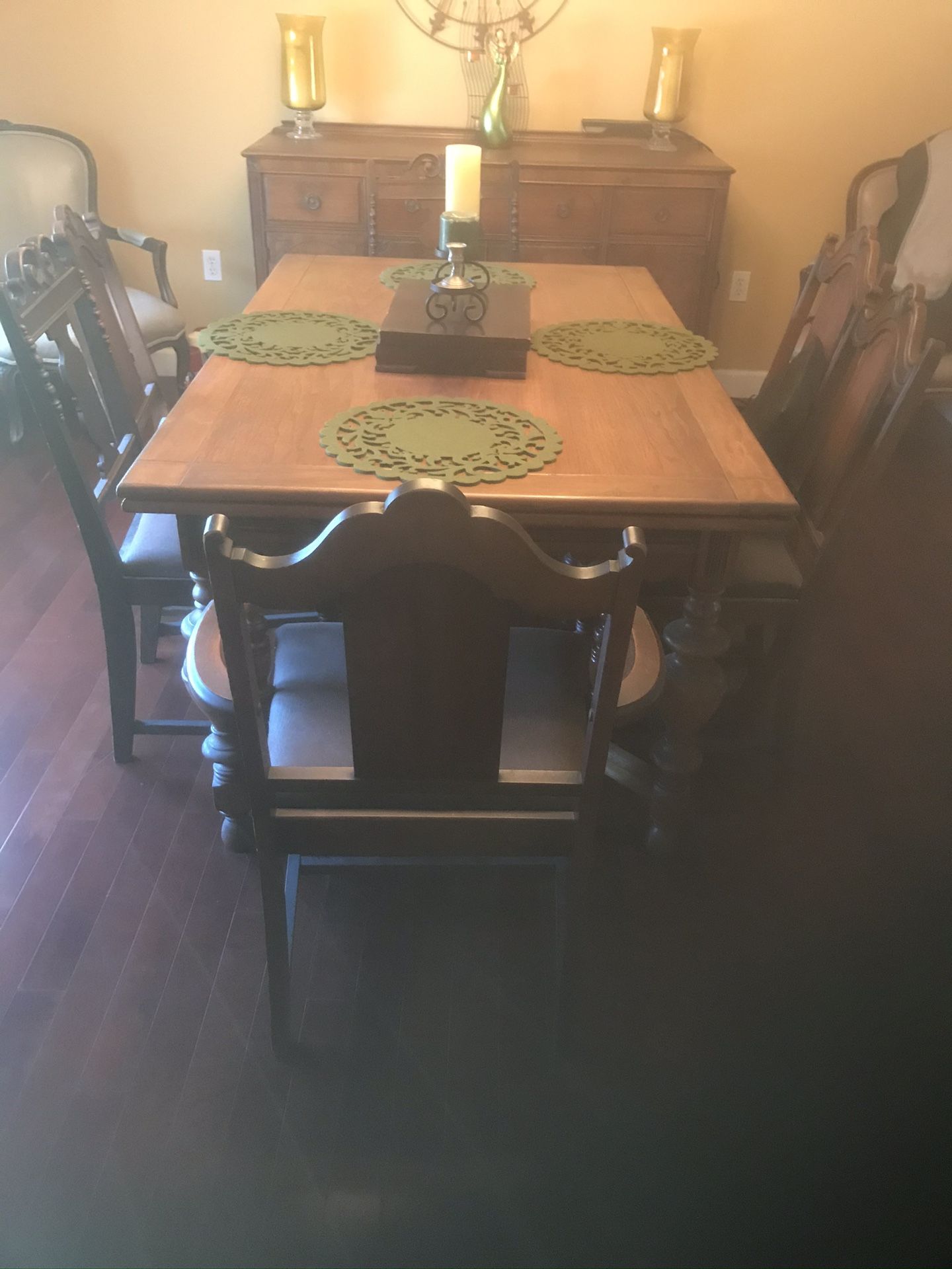 Solid Wood Dining Table with 7 chairs, and Buffet Cabinet