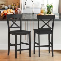 Set of 2 Bar Stools, 24" Wooden Barstools with X Back, Black