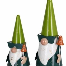 Two NIB 12 & 16" Tall Outdoors Gnomes, Green w/ Sunglasses Metal Statue Yard Art