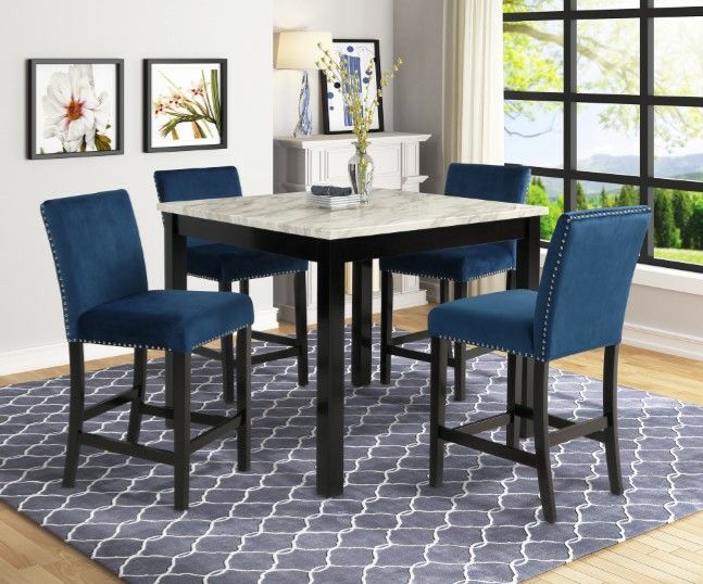 Brand New Counter Height White Marble Espresso Finish Dining Set With Blue Velvet Chairs & A Nail Head Trim