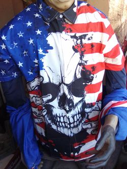 Men Shirt, size Large. Red white and Blue with skull